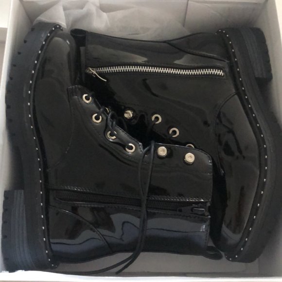 Black Shiny Lace up Boots - Picture 3 of 7